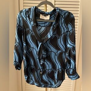 Marc Jacobs Blue and Black Silk Wave-Print Tie-Neck Blouse Size 0